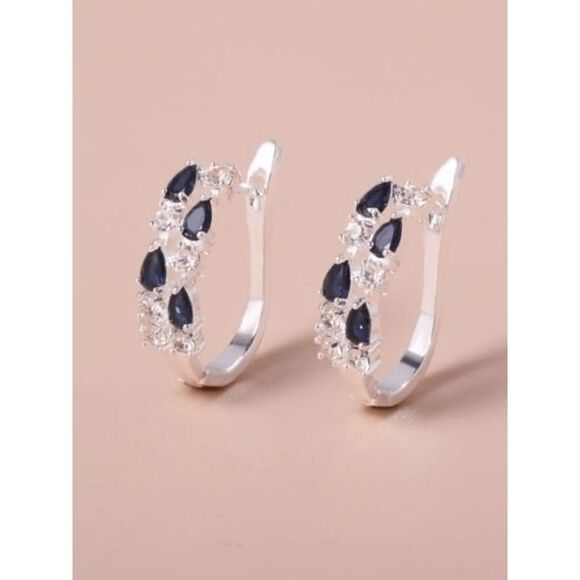 WHITE GOLD SAPPHIRE DIAMOND EARRINGS - Picture 1 of 6